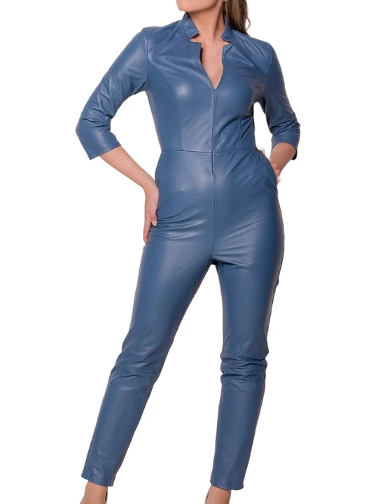 Womens Edgy Fashion Original Sheepskin Blue Leather Jumpsuit