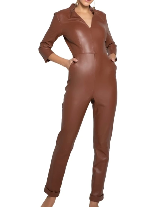 Womens Edgy Fashion Original Sheepskin Brown Leather Jumpsuit