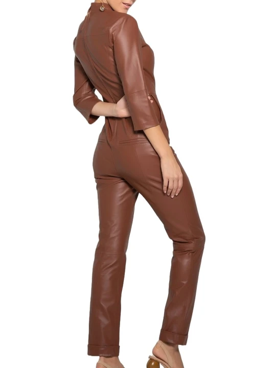 Womens Edgy Fashion Original Sheepskin Brown Leather Jumpsuit