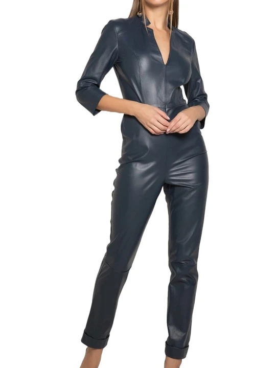 Womens Edgy Fashion Original Sheepskin Navy Blue Leather Jumpsuit