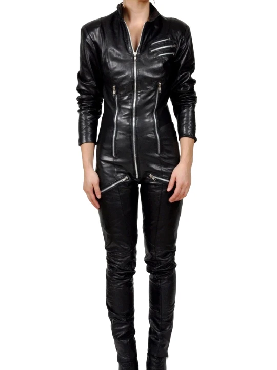 Womens Elegant Original Sheepskin Black Leather Jumpsuit
