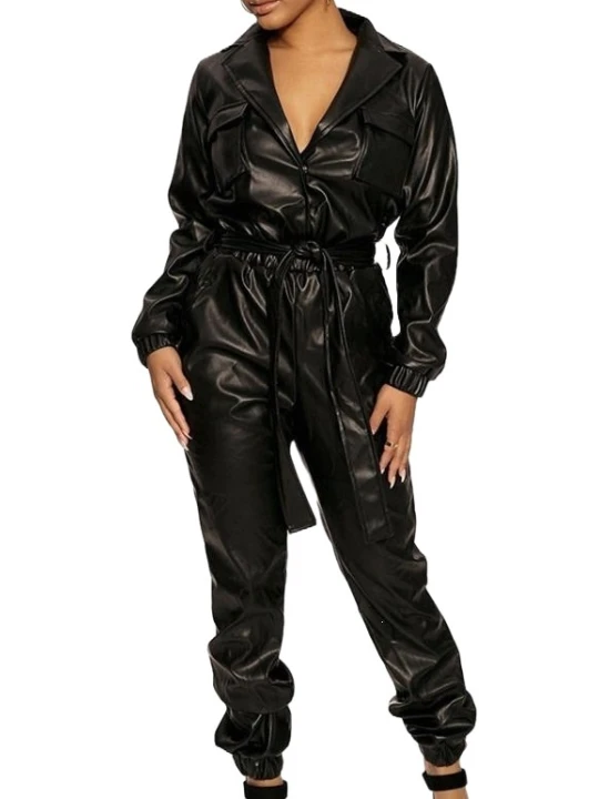 Womens Elegant Street Wear Original Sheepskin Black Leather Jumpsuit