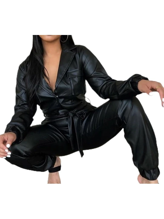 Womens Elegant Street Wear Original Sheepskin Black Leather Jumpsuit