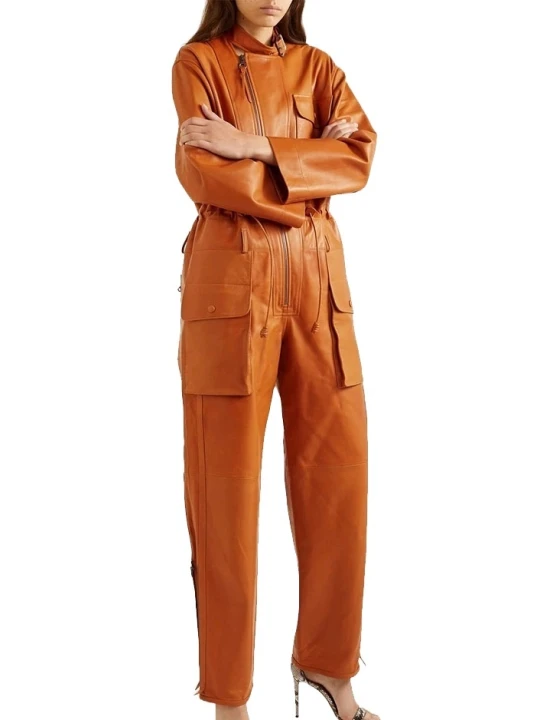 Womens Elegant Style Real Sheepskin Tan Leather Jumpsuit
