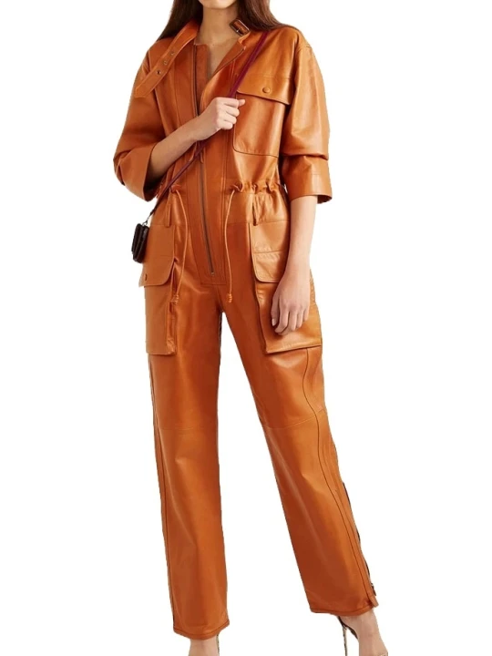 Womens Elegant Style Real Sheepskin Tan Leather Jumpsuit
