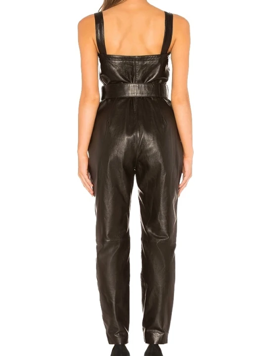 Womens Exclusive Fashion Original Sheepskin Black Leather Jumpsuit