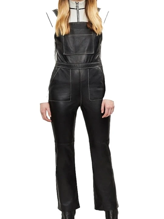 Womens Eye Catching Real Sheepskin Black Leather Jumpsuit