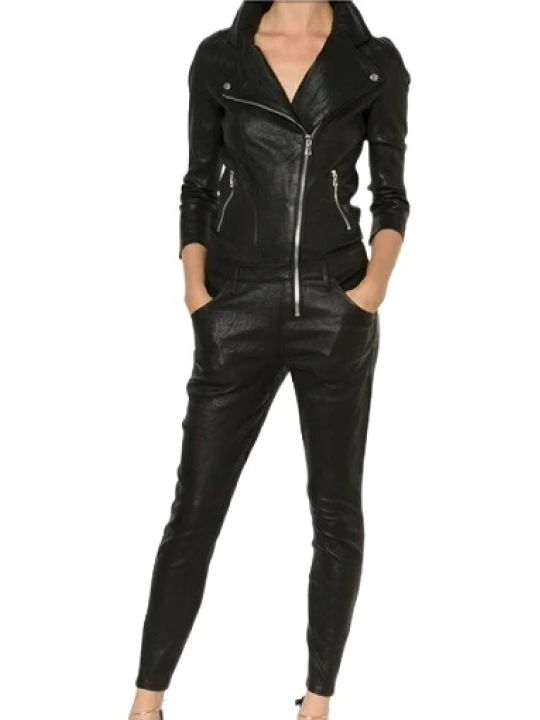 Womens Fabulous Asymmetric Zipper Real Sheepskin Black Leather Jumpsuit
