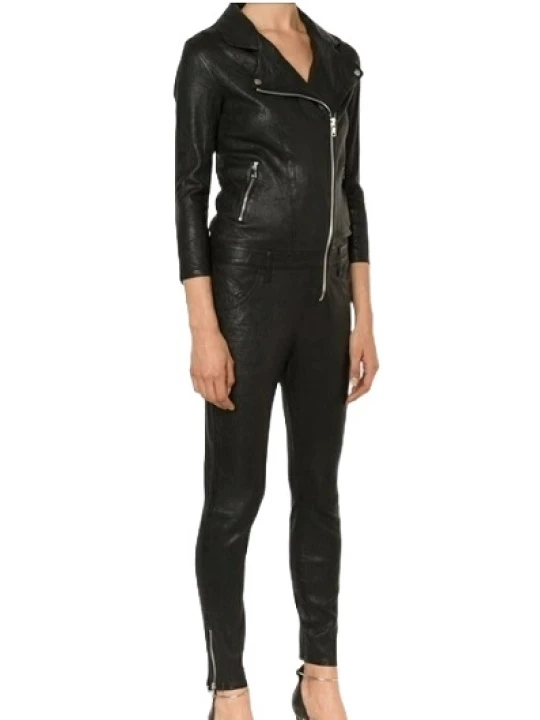 Womens Fabulous Asymmetric Zipper Real Sheepskin Black Leather Jumpsuit