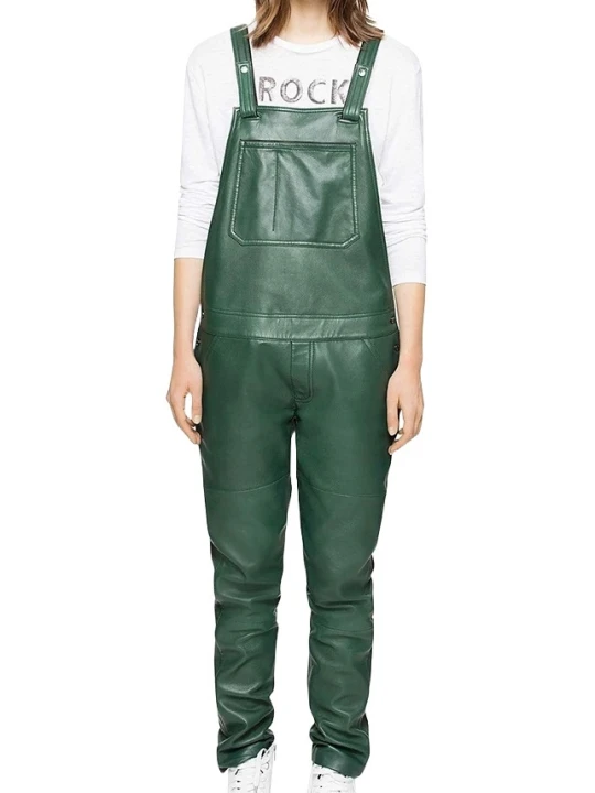 Womens Fantastic Pure Sheepskin Green Leather Jumpsuit