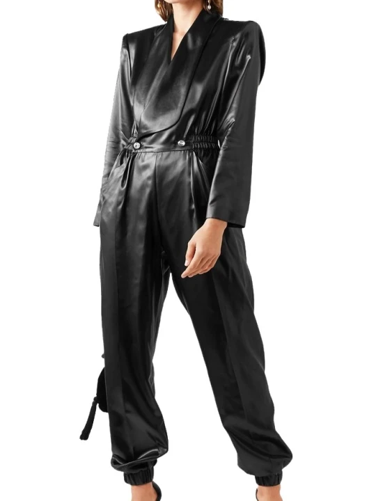 Womens Fashionable Double Breasted Real Sheepskin Black Leather Jumpsuit