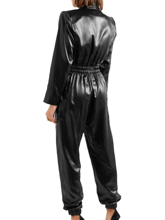Womens Fashionable Double Breasted Real Sheepskin Black Leather Jumpsuit