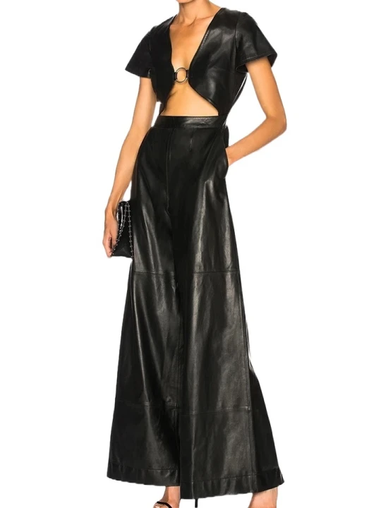 Womens Glamorous Original Sheepskin Black Leather Jumpsuit