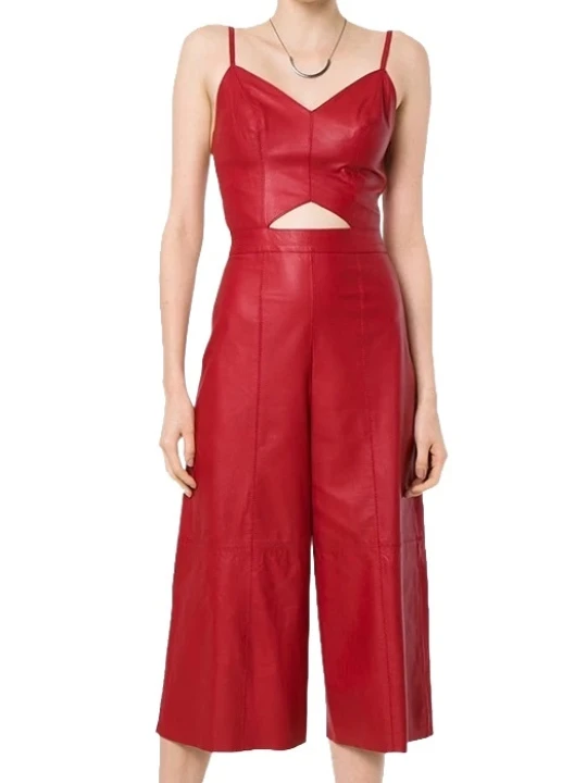 Womens Glamorous Style Real Sheepskin Red Leather Jumpsuit