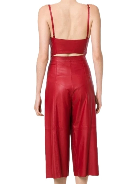 Womens Glamorous Style Real Sheepskin Red Leather Jumpsuit