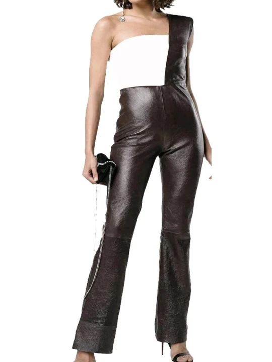 Womens One Shoulder Original Sheepskin Black And White Leather Jumpsuit