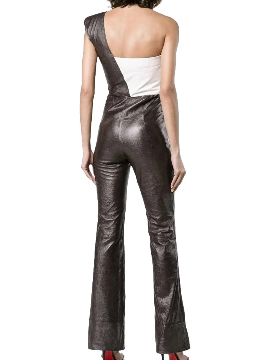 Womens One Shoulder Original Sheepskin Black And White Leather Jumpsuit