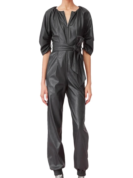 Womens Round Neck Original Sheepskin Black Leather Jumpsuit