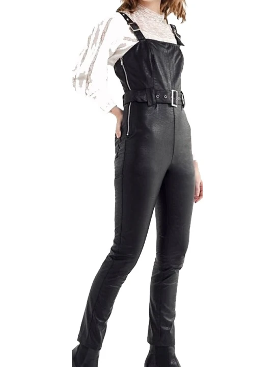 Womens Side Zipper Real Sheepskin Black Leather Jumpsuit