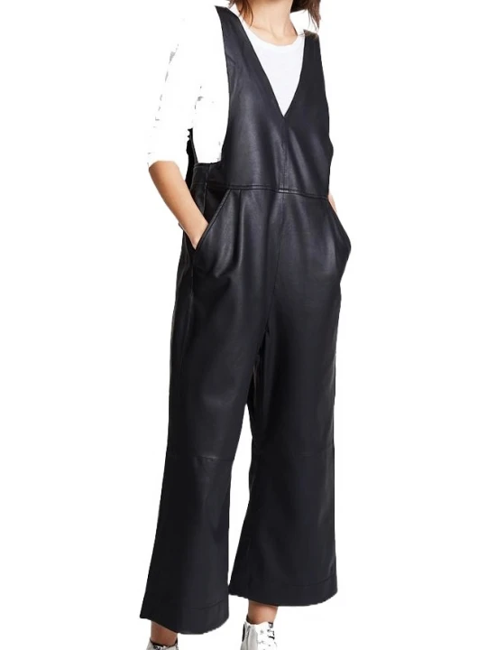 Womens Sleeveless Cool Wear Pure Sheepskin Black Leather Jumpsuit
