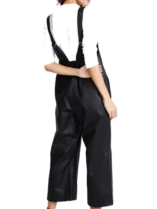Womens Sleeveless Cool Wear Pure Sheepskin Black Leather Jumpsuit