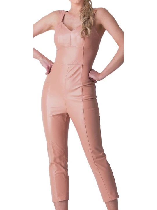 Womens Sleeveless Pure Lambskin Peach Leather Jumpsuit