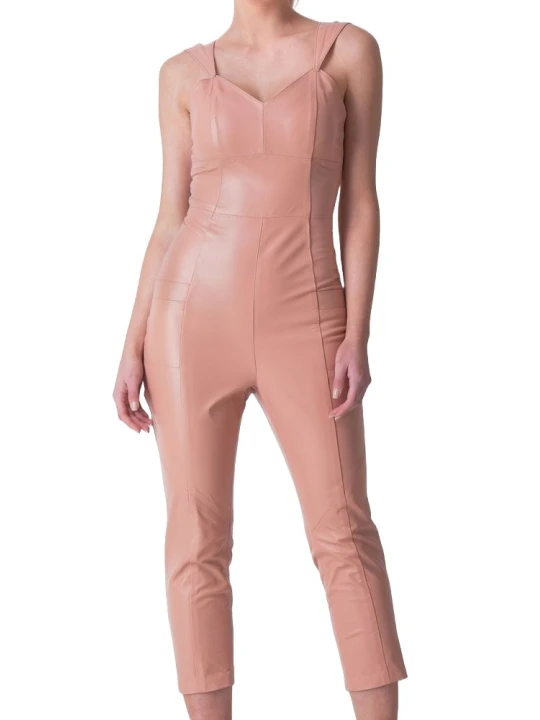 Womens Sleeveless Pure Lambskin Peach Leather Jumpsuit