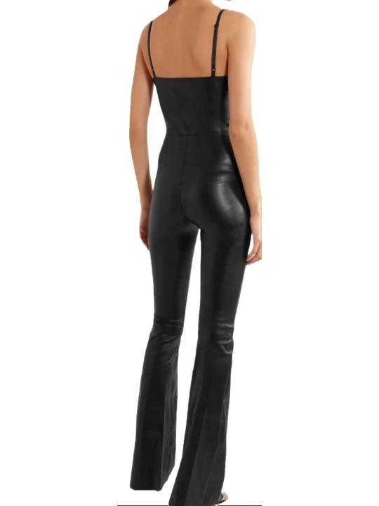 Womens Sleeveless Wide Leg Original Sheepskin Black Leather Jumpsuit