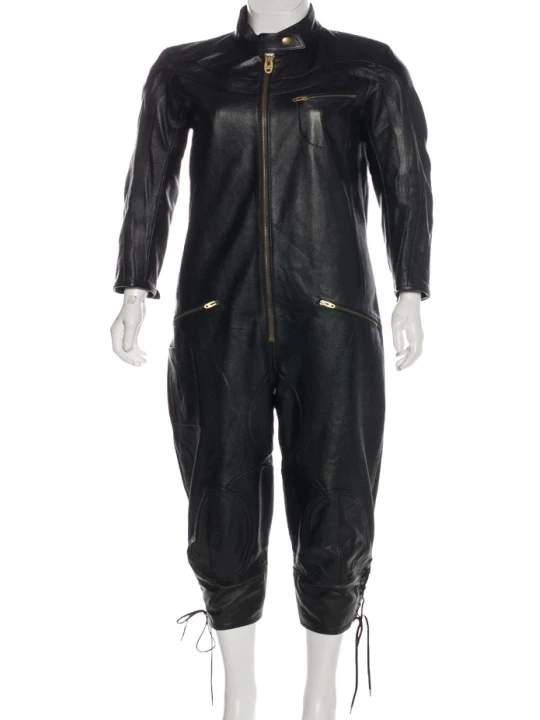 Womens Standing Collar Original Sheepskin Black Leather Jumpsuit