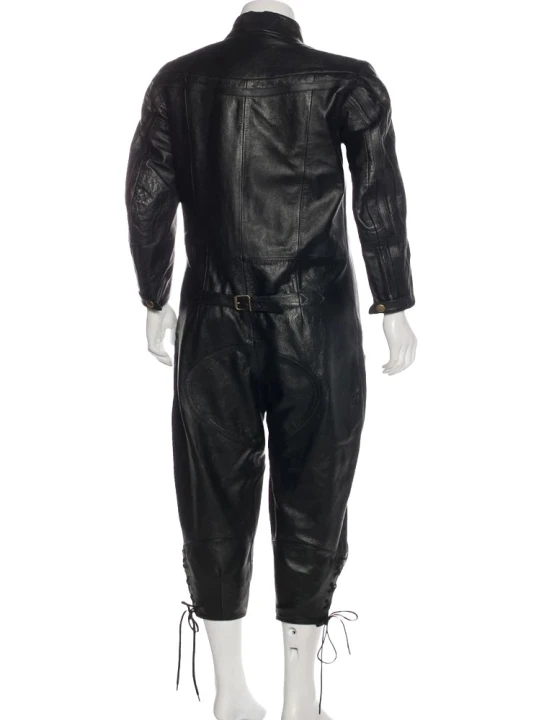 Womens Standing Collar Original Sheepskin Black Leather Jumpsuit