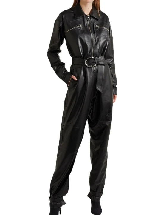 Womens Stunning Original Sheepskin Black Leather Jumpsuit