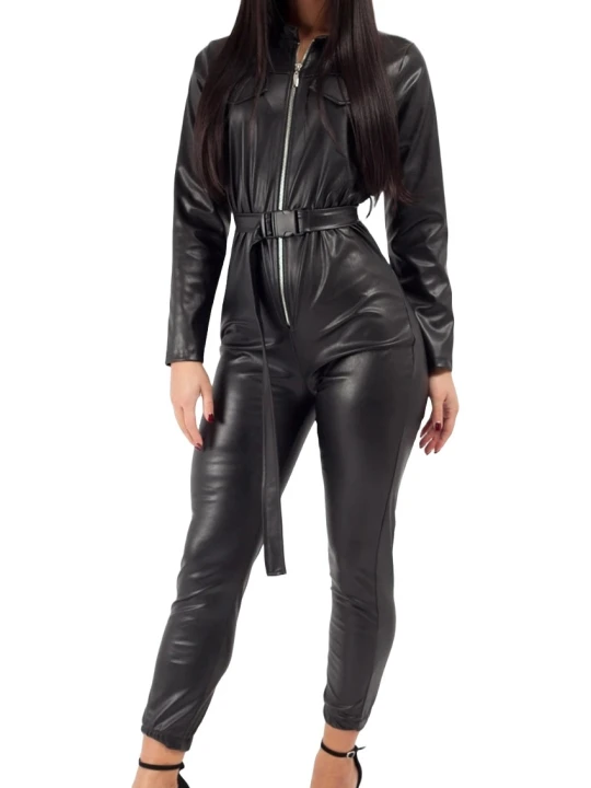 Womens Trendy Original Sheepskin Black Leather Jumpsuit