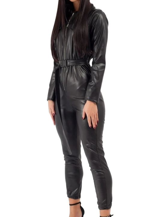 Womens Trendy Original Sheepskin Black Leather Jumpsuit