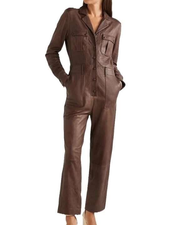 Womens Unique Pure Sheepskin Brown Leather Jumpsuit