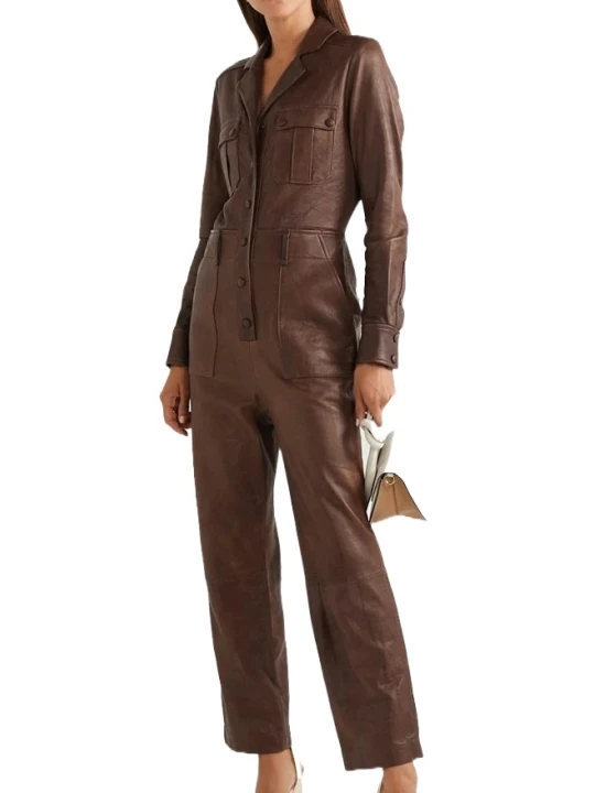 Womens Unique Pure Sheepskin Brown Leather Jumpsuit