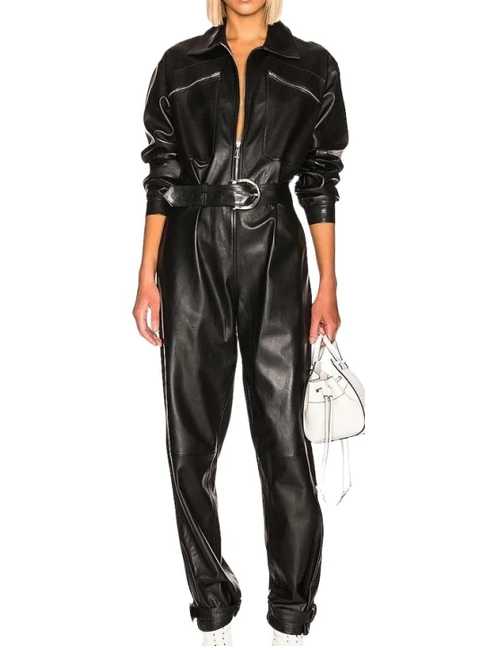 Womens Unique Trendy Original Sheepskin Black Leather Jumpsuit