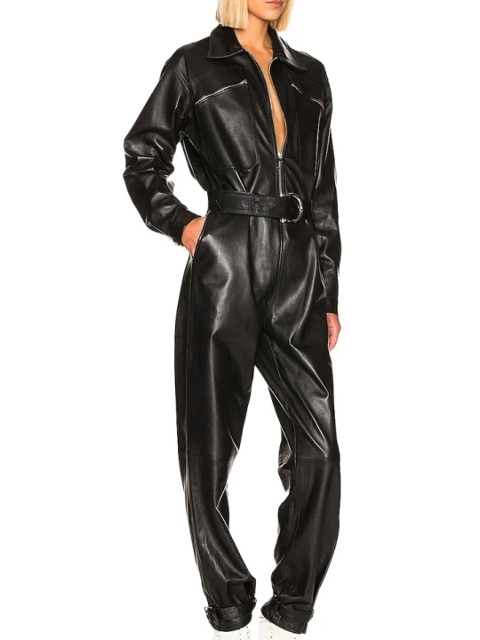 Womens Unique Trendy Original Sheepskin Black Leather Jumpsuit