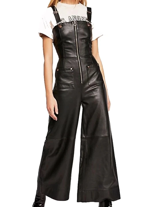 Womens Wide Leg Pure Lambskin Black Leather Jumpsuit