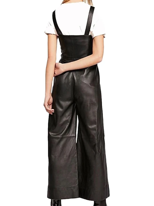 Womens Wide Leg Pure Lambskin Black Leather Jumpsuit