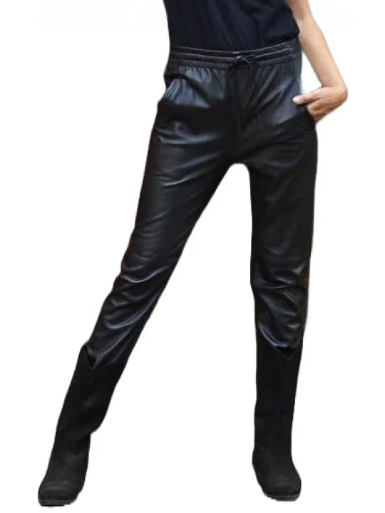 Black Leather Pants With Elasticated Drawstring Waist