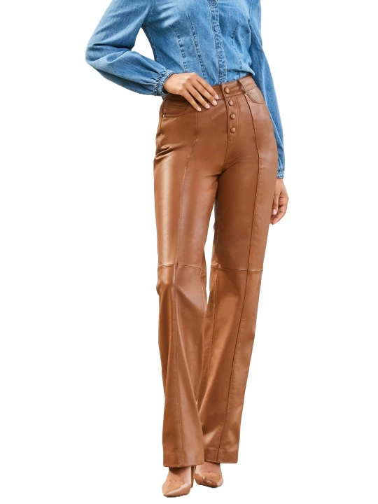 Button Front Brown Leather Trousers