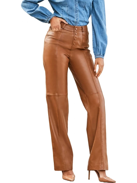 Button Front Brown Leather Trousers