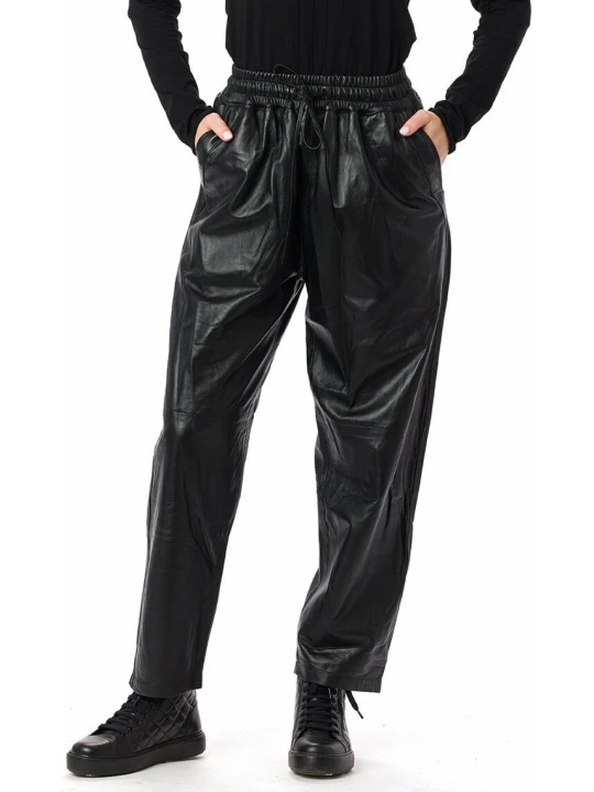 Elasticated Drawstring Waist Black Leather Pants