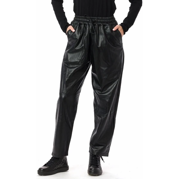Elasticated Drawstring Waist Black Leather Pants