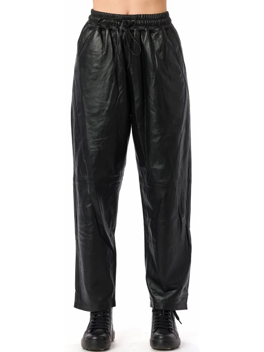 Elasticated Drawstring Waist Black Leather Pants