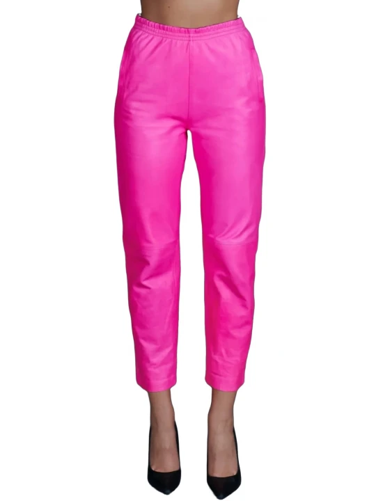 Elasticated Waist Pink Leather Pants