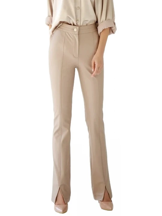 Front Split Hem Detail Beige Leather Pant