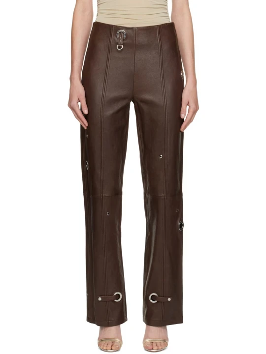 Grommets detailing Brown Leather Pants