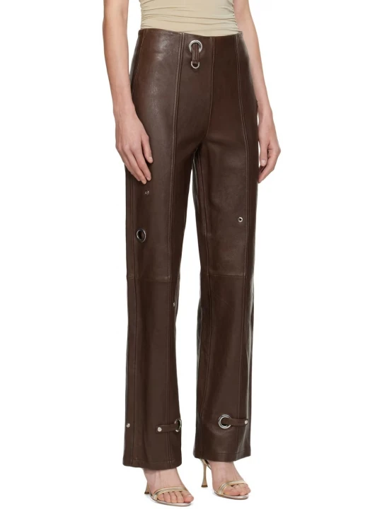 Grommets detailing Brown Leather Pants