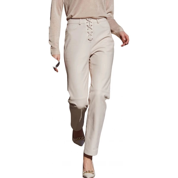 Lace Front Beige Leather Trousers